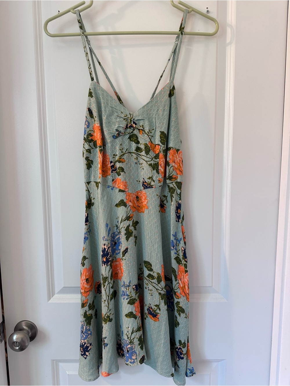 Anthropologie Sage Green Floral Mini Dress with Orange Blooms